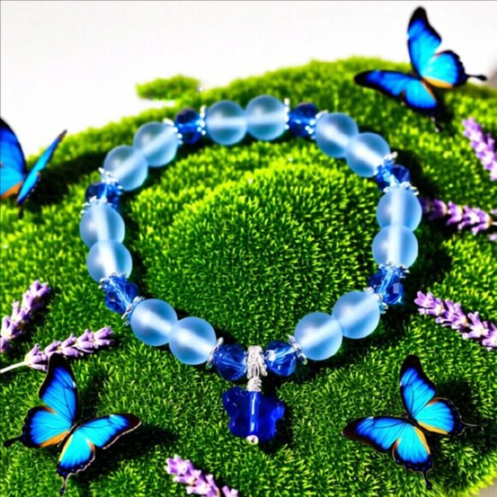 Blue Butterfly - Beaded Stretch Bracelet 4 Girls 5.5-6" Wrists!